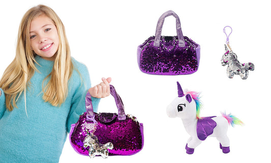 Unique Rainbow Stuffed Unicorn Plush Animal Toy Set with Sequin Purse - Birthday Gifts for Girls