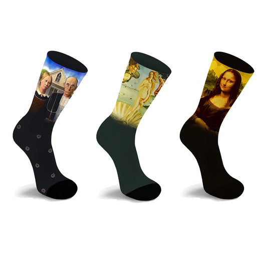3-Pack: Crew Length Art Inspired Cotton Blend Socks for Men & Women