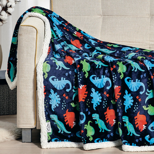 Navy Dino Faux Shearling Sherpa Throw Blanket – 50" x 60" Ultra Soft Micro Plush Blanket – Lightweight, Warm, All-Season Comfort, Machine Washable