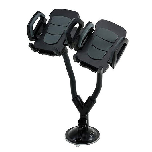 Heavy Duty Dual Car Mount With Flexible Long Gooseneck Holder Adjustable Cell Phone Cup Holder, Universal Size Fits 2 IPhone, Samsung, GPS And More
