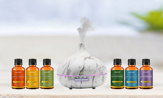 Ultrasonic White Marble  Aromatherapy Oil Diffuser with Essential Oils Set (7-Pack)