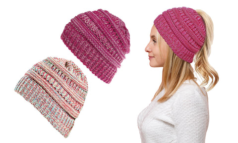 2-Pack: Women Fun Warm Winter Ponytail Beanie Hat Cap