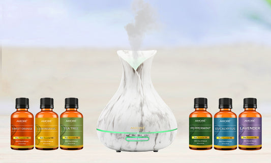White Marble 300ml Ultrasonic Aroma Diffuser with Essential Oil Gift Set (7-Piece)