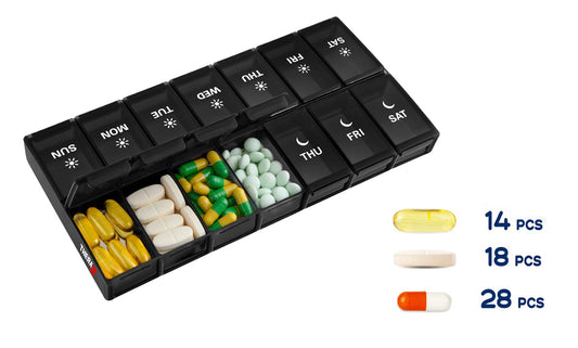 7-Day Push Button Pill, Medicine, Vitamin Organizer With AM/PM Large Compartments