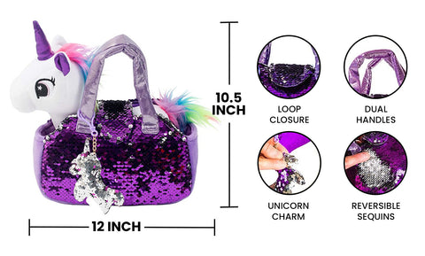 Unique Rainbow Stuffed Unicorn Plush Animal Toy Set with Sequin Purse - Birthday Gifts for Girls