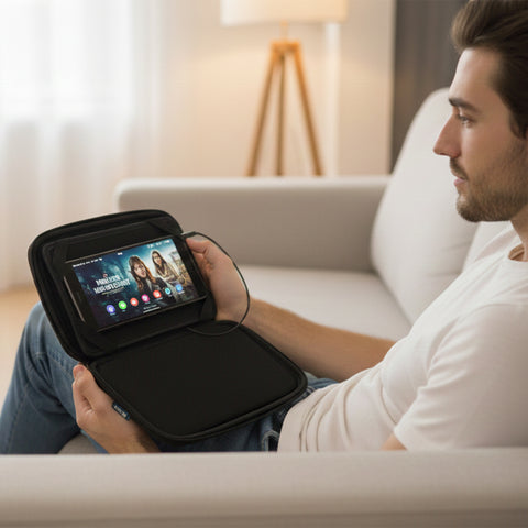 Tablet Speaker Case with Rechargeable Battery – Protective Stereo Speaker Pouch for 7” Tablets and Smartphones – Portable Sound-Enhancing Carry Case with 3.5mm Audio Jack