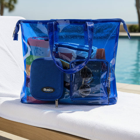 Waterproof Beach Tote Bag with Built-In Speaker for Women – Large Pool, Picnic & Travel Weekender Carry-On Tote – Protective Zippered Gym Bag with 3.5mm Audio Jack, Battery Powered Stereo Sound, Blue