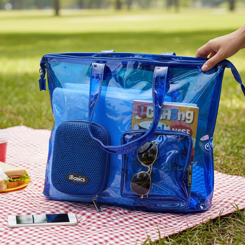 Waterproof Beach Tote Bag with Built-In Speaker for Women – Large Pool, Picnic & Travel Weekender Carry-On Tote – Protective Zippered Gym Bag with 3.5mm Audio Jack, Battery Powered Stereo Sound, Blue