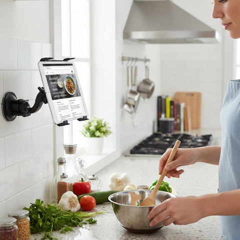 Tablet PC Holder for Auto and Home – Adjustable Suction Cup Tablet Mount for 8”+ Tablets – 360° Rotating Flexible Stand for Windshield, Glass, Desk & Kitchen Counter – Padded Grip, Black