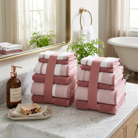 Two-Tone Zero-Twist 100% Cotton 12-Piece Bathroom Towel Set Soft, Absorbent & Quick-Drying Bath Towels | Available in Multiple Colors