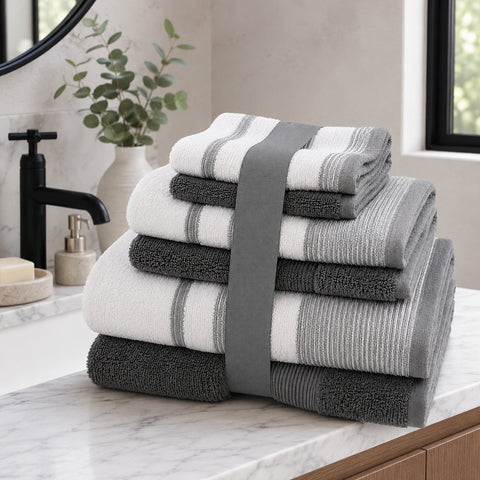 Two-Tone Zero-Twist 100% Cotton 6-Piece Bathroom Towel Set Soft, Absorbent & Quick-Drying Bath Towels | Available in Multiple Colors