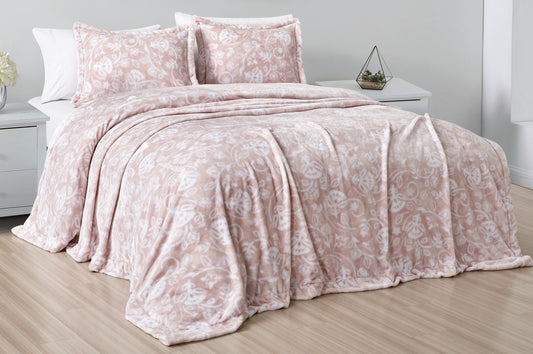 Blush Pink Plush Blanket Set – 3-Piece Queen Bedding Set w/ Ultra Soft Floral Blanket + 2 Shams – Cozy, All-Season, Fade & Wrinkle-Resistant, Machine Washable