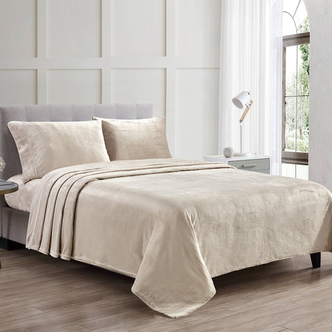 4-Piece Microplush Sheet Set – Ultra-Soft Plush Bedding with Deep Pocket Fitted Sheet | Warm, Lightweight & Cozy Sheets for Fall and Winter (Queen / King)