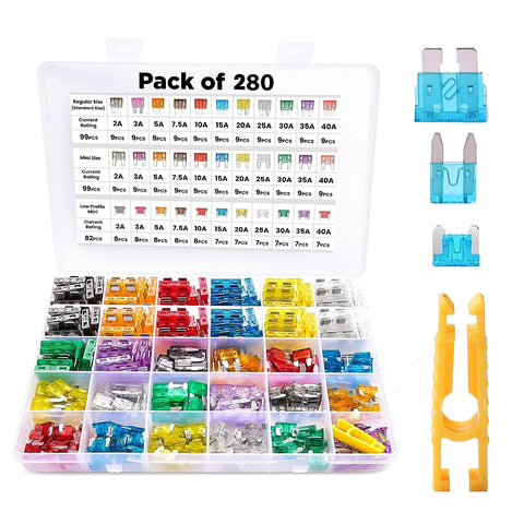 280 PCS Car Fuses Assortment Kit – Standard, Mini & Low Profile Mini Blade Fuses Automotive Kit 2A – 40A with Fuse Puller & Storage Box–Replacement Kit for Car, SUV, Truck, Motorcycle, Boat, Marine