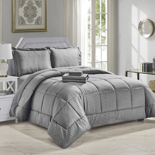 8-Piece Down Alternative Dobby Stripes Embossed Comforter Set with Sheets and Pillowcases – Soft Microfiber Bedding with Baffle Box Stitching – Queen and King Sizes, All-Season Comfort