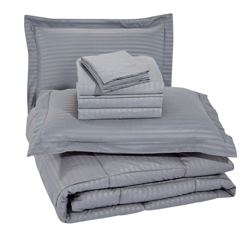 8-Piece Down Alternative Dobby Stripes Embossed Comforter Set with Sheets and Pillowcases – Soft Microfiber Bedding with Baffle Box Stitching – Queen and King Sizes, All-Season Comfort