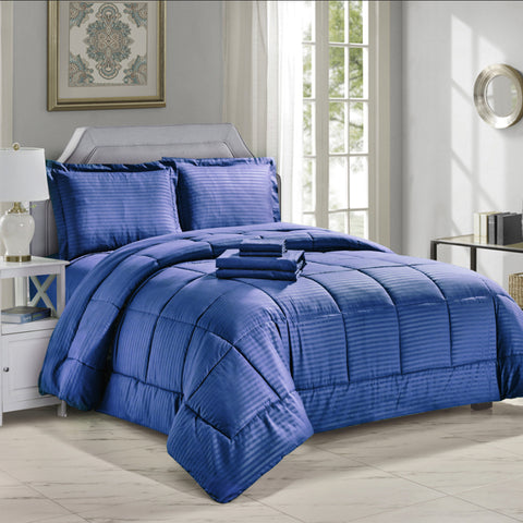8-Piece Down Alternative Dobby Stripes Embossed Comforter Set with Sheets and Pillowcases – Soft Microfiber Bedding with Baffle Box Stitching – Queen and King Sizes, All-Season Comfort
