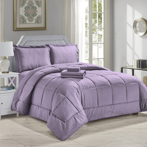 8-Piece Down Alternative Dobby Stripes Embossed Comforter Set with Sheets and Pillowcases – Soft Microfiber Bedding with Baffle Box Stitching – Queen and King Sizes, All-Season Comfort