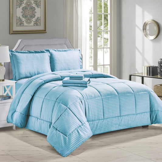 8-Piece Down Alternative Dobby Stripes Embossed Comforter Set with Sheets and Pillowcases – Soft Microfiber Bedding with Baffle Box Stitching – Queen and King Sizes, All-Season Comfort