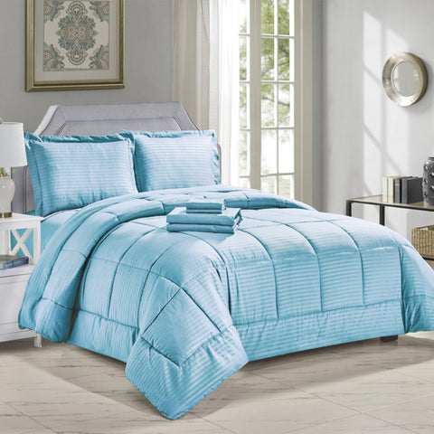 8-Piece Down Alternative Dobby Stripes Embossed Comforter Set with Sheets and Pillowcases – Soft Microfiber Bedding with Baffle Box Stitching – Queen and King Sizes, All-Season Comfort