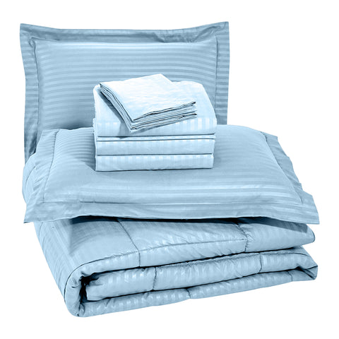 8-Piece Down Alternative Dobby Stripes Embossed Comforter Set with Sheets and Pillowcases – Soft Microfiber Bedding with Baffle Box Stitching – Queen and King Sizes, All-Season Comfort