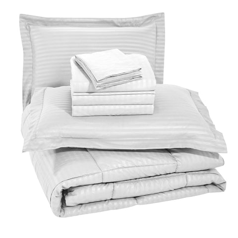 8-Piece Down Alternative Dobby Stripes Embossed Comforter Set with Sheets and Pillowcases – Soft Microfiber Bedding with Baffle Box Stitching – Queen and King Sizes, All-Season Comfort