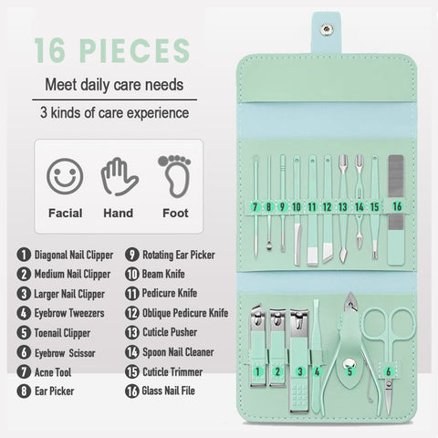 Stainless Steel Professional 16-Piece Manicure Pedicure Facial Set Grooming Kit with Luxurious Portable Travel Leather Case