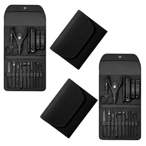 Stainless Steel Professional 16-Piece Manicure, Pedicure & Facial Grooming Kit | 2-Pack with Travel Leather Cases