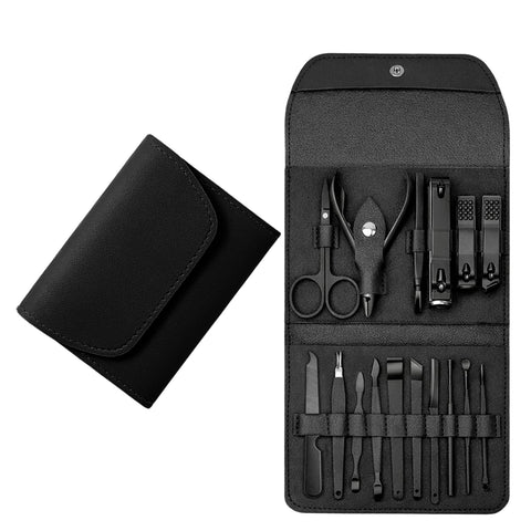 Stainless Steel Professional 16-Piece Manicure Pedicure Facial Set Grooming Kit with Luxurious Portable Travel Leather Case
