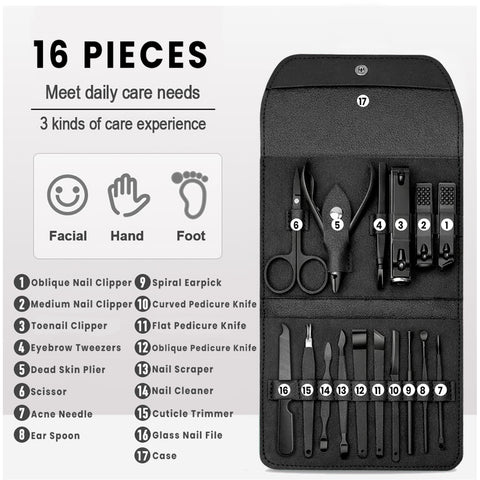 Stainless Steel Professional 16-Piece Manicure Pedicure Facial Set Grooming Kit with Luxurious Portable Travel Leather Case