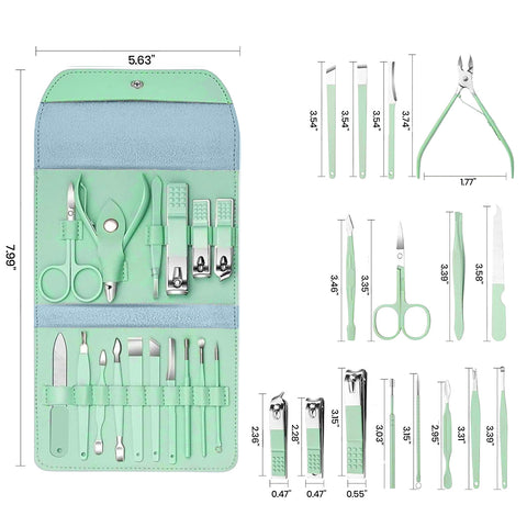 Stainless Steel Professional 16-Piece Manicure Pedicure Facial Set Grooming Kit with Luxurious Portable Travel Leather Case