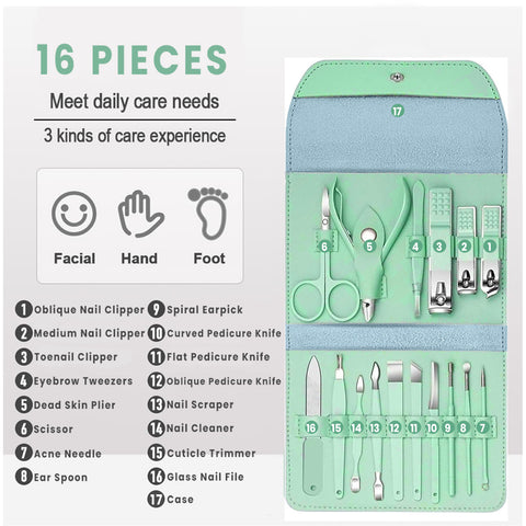 Stainless Steel Professional 16-Piece Manicure Pedicure Facial Set Grooming Kit with Luxurious Portable Travel Leather Case