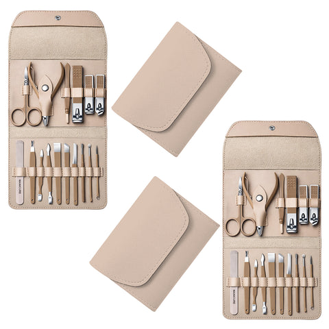 Stainless Steel Professional 16-Piece Manicure, Pedicure & Facial Grooming Kit | 2-Pack with Travel Leather Cases