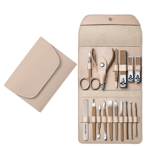Stainless Steel Professional 16-Piece Manicure Pedicure Facial Set Grooming Kit with Luxurious Portable Travel Leather Case