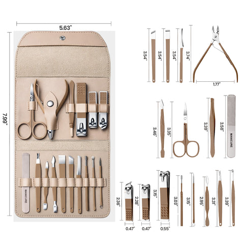 Stainless Steel Professional 16-Piece Manicure Pedicure Facial Set Grooming Kit with Luxurious Portable Travel Leather Case