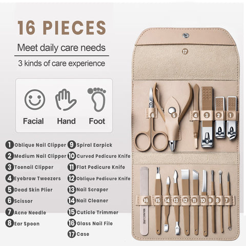 Stainless Steel Professional 16-Piece Manicure Pedicure Facial Set Grooming Kit with Luxurious Portable Travel Leather Case