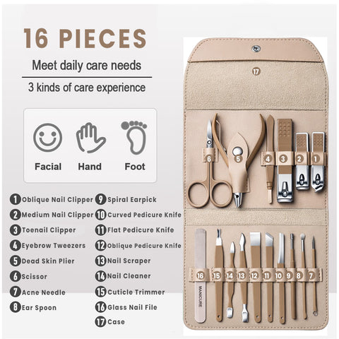 Stainless Steel Professional 16-Piece Manicure Pedicure Facial Set Grooming Kit with Luxurious Portable Travel Leather Case