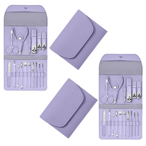 Stainless Steel Professional 16-Piece Manicure, Pedicure & Facial Grooming Kit | 2-Pack with Travel Leather Cases