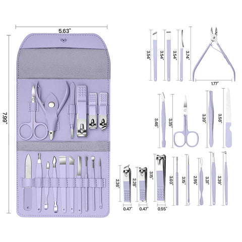 Stainless Steel Professional 16-Piece Manicure Pedicure Facial Set Grooming Kit with Luxurious Portable Travel Leather Case