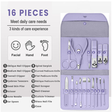 Stainless Steel Professional 16-Piece Manicure Pedicure Facial Set Grooming Kit with Luxurious Portable Travel Leather Case