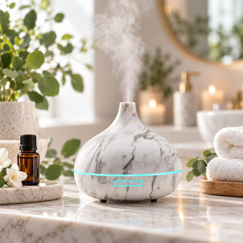 Ultrasonic Essential Oil Diffuser – 300 mL Marble-Look Mist Diffuser with LED Light
