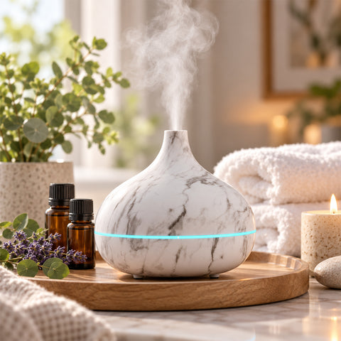 Ultrasonic Essential Oil Diffuser – 300 mL Marble-Look Mist Diffuser with LED Light