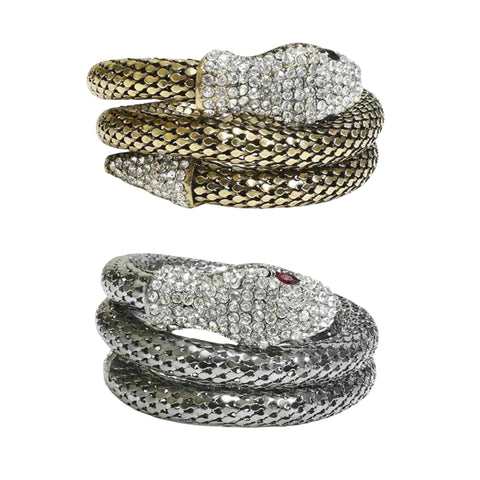 Crystal Snake Wrap Bracelet – Adjustable Silvertone Serpent Bangle with Rhinestone Accents (Goldtone, Silvertone, Metallic)