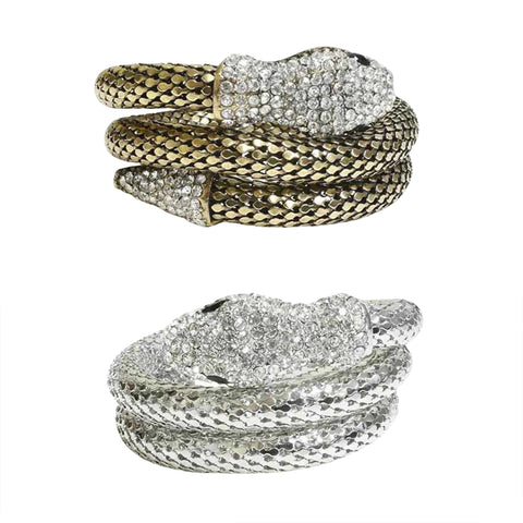 Crystal Snake Wrap Bracelet – Adjustable Silvertone Serpent Bangle with Rhinestone Accents (Goldtone, Silvertone, Metallic)