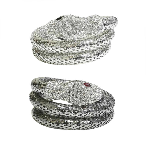 Crystal Snake Wrap Bracelet – Adjustable Silvertone Serpent Bangle with Rhinestone Accents (Goldtone, Silvertone, Metallic)