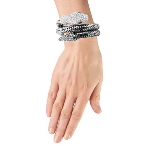 Crystal Snake Wrap Bracelet – Adjustable Silvertone Serpent Bangle with Rhinestone Accents (Goldtone, Silvertone, Metallic)