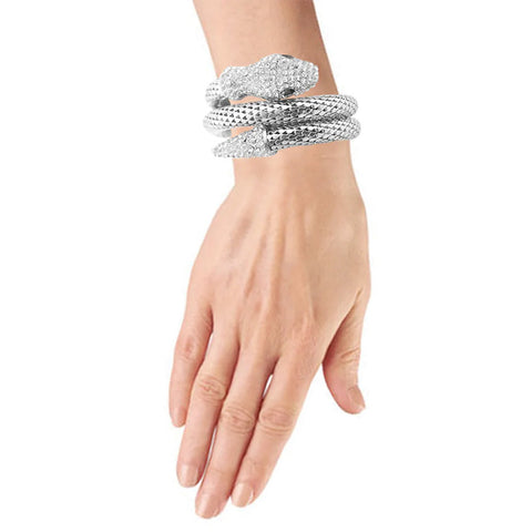Crystal Snake Wrap Bracelet – Adjustable Silvertone Serpent Bangle with Rhinestone Accents (Goldtone, Silvertone, Metallic)