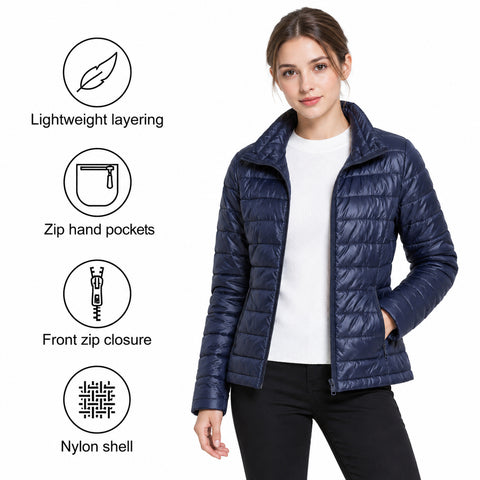 Women's Lightweight Puffer Jacket – Zip Pockets and Down-Blend Fill, 2XL