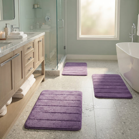 Memory Foam Bath Mats, 3-Pack – Plush Absorbent Bathroom Rugs, Sky Blue or Purple