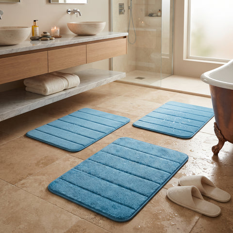 Memory Foam Bath Mats, 3-Pack – Plush Absorbent Bathroom Rugs, Sky Blue or Purple